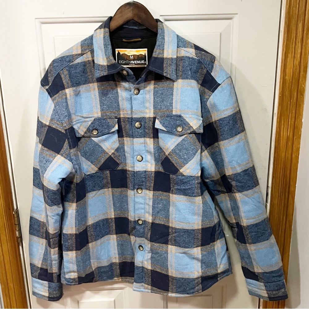 Eighth Avenue Plaid Shirt Jacket Mens Sz Medium Blue Tan Shacket Outdoor Flannel